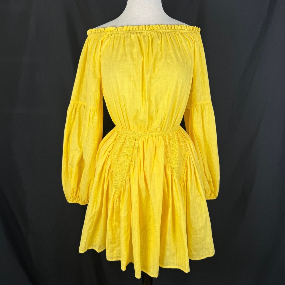 NWT Andree by Unit Yellow Linen Off the Shoulder Smocked Balloon Sleeve Dress S